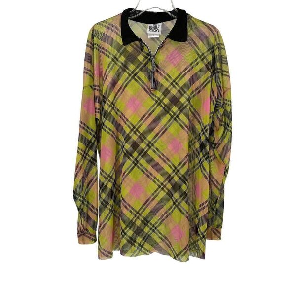 Ragged Priest Top Mesh Tunic Yellow Plaid Size S Long Sleeve Collared 1/4 Zip - Picture 1 of 9